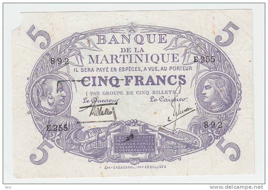 MARTINIQUE 5 FRANCS 1901 (1934-45) AVF (missing Corner) P 6 - Caraïbes Orientales