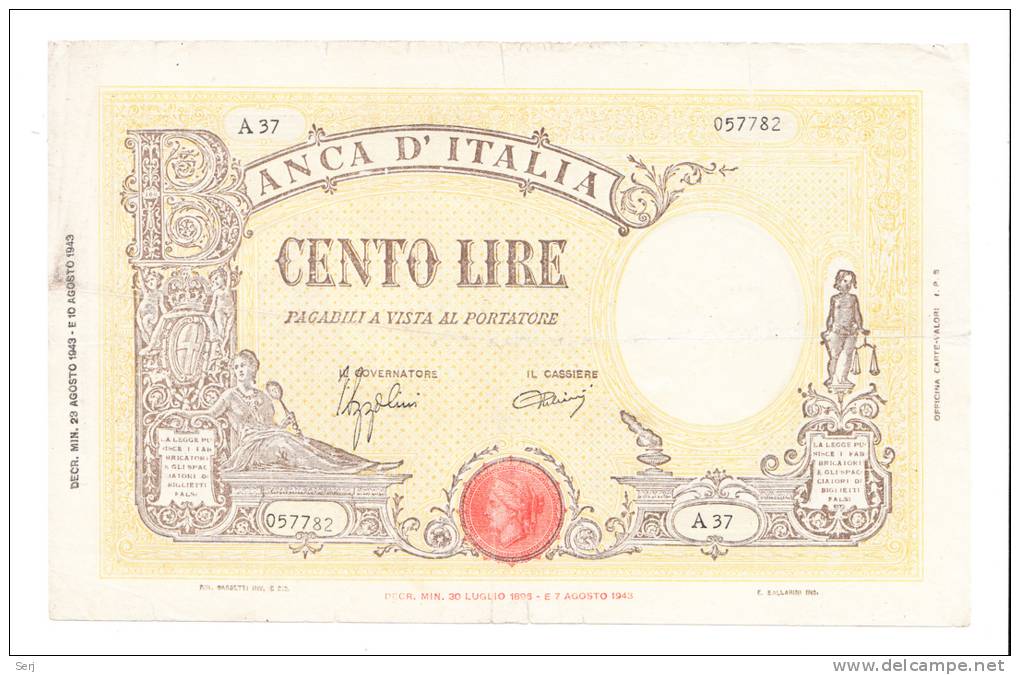 Italy 100 Lire 1943 - 44 VG+ P 67a  67 A - 100 Liras