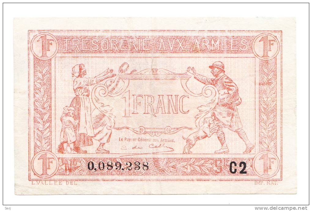 FRANCE 1 FRANC TRESORERIE AUX ARMEES 1917 VF+ P M2 - 1917-1919 Trésorerie Aux Armées