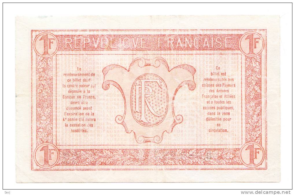 FRANCE 1 FRANC TRESORERIE AUX ARMEES 1917 VF+ P M2 - 1917-1919 Trésorerie Aux Armées