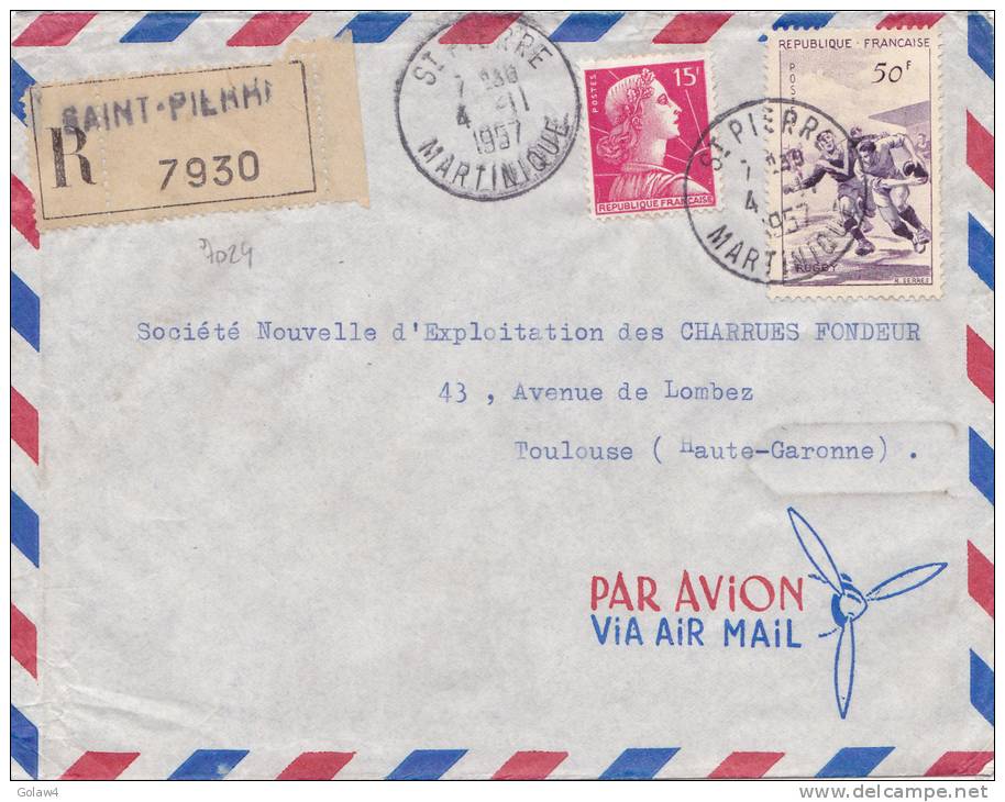 7024# MARIANNE MULLER - RUGBY / LETTRE RECOMMANDEE PAR AVION Obl ST PIERRE MARTINIQUE 1957 De MORNE ROUGE GRAND REDUIT - 1921-1960: Modern Period