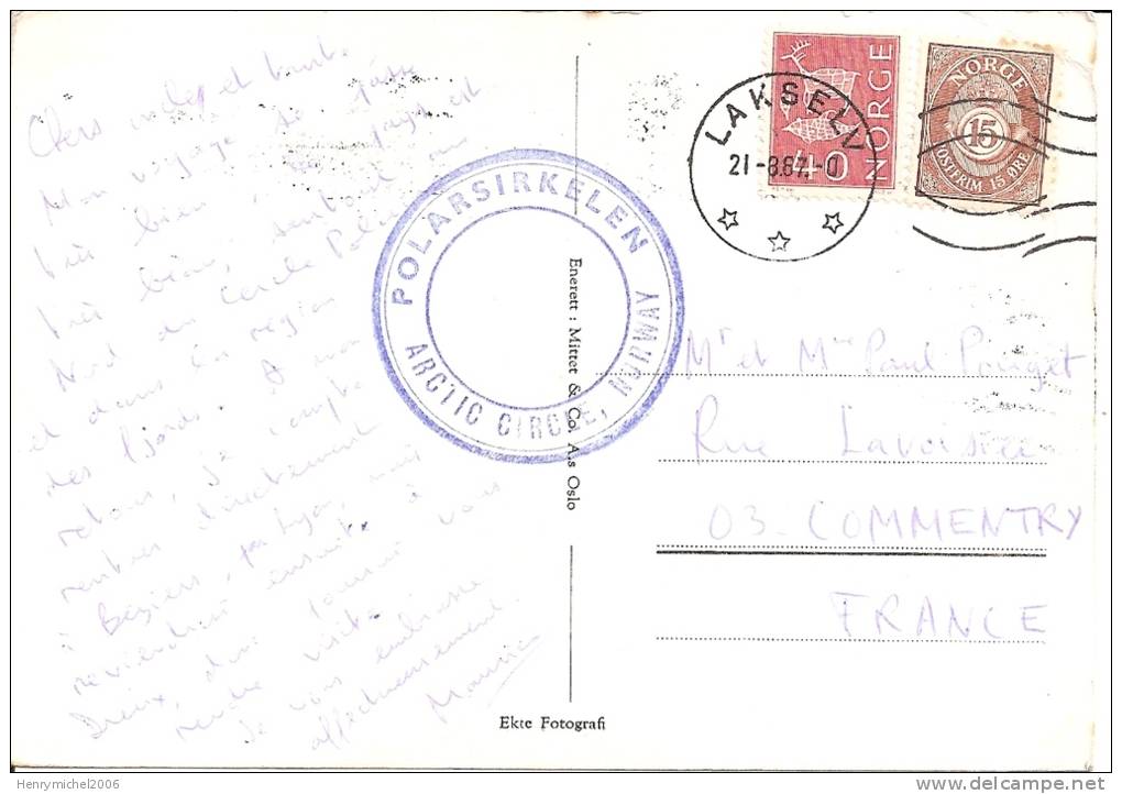 Cpsm - Marcophilie - Cachet Artic Circle , Norway Norvège Cercle Polaire  1937 , Envoyée De Lakselv En 1967 - Storia Postale