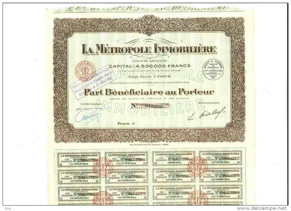 La Métropole Immobilière  Action De 100 Francs 6 Janvier 1927 - Autres & Non Classés