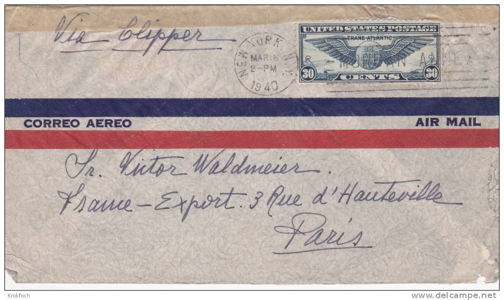 New York 19040 Via Clipper + Censor Post Office Department Officially Sealed - Lettre Letter Cover Brief - Autres & Non Classés