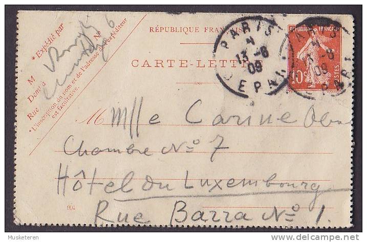 France Postal Stationery Ganzsache Entier Carte-Lettre PARIS DEPART 1909 Semeuse Edit (904) - Kartenbriefe