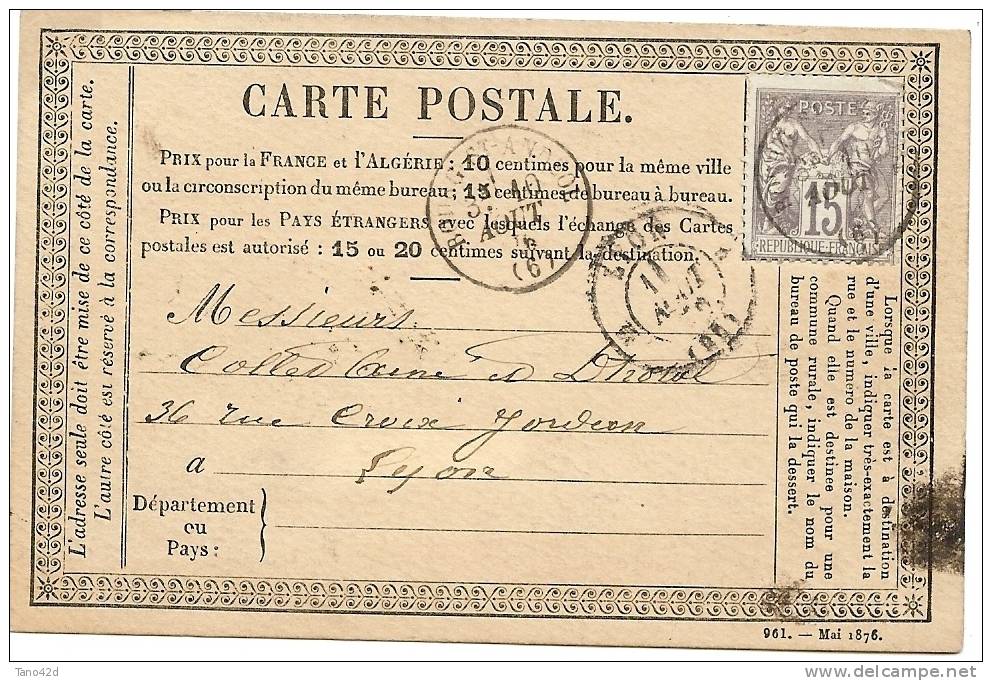 REF LBR34 - FRANCE - CPO MOD. MAI 1876 VOYAGEE LYON / VILLE  AOUT 1876 - Precursor Cards