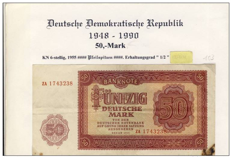 DDR - Deutsche Notenbank Von 1955  -- Fünfzig  Mark  (103) - 2 Deutsche Mark