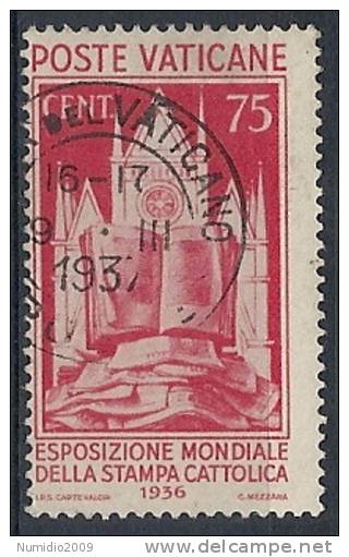 1936 VATICANO USATO STAMPA CATTOLICA 75 CENT - RR10291 - Oblitérés