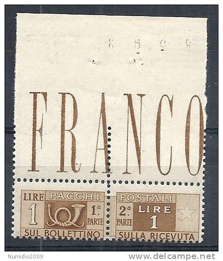 1946-51 ITALIA PACCHI POSTALI RUOTA 1 LIRA LUSSO MNH **  - RR10304 - Postal Parcels