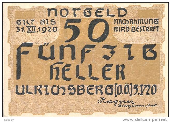 Noodgeld - Notgeld  STADT ULRICHSBERG 50 Heller  1920 - Sonstige – Europa