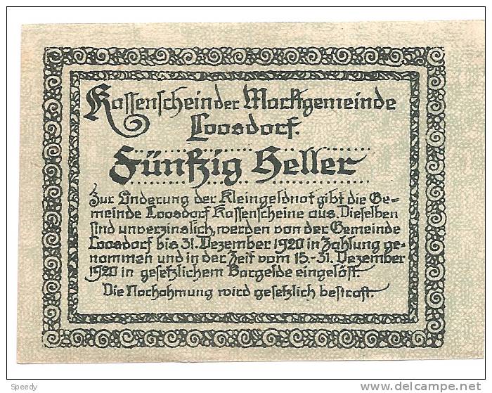 Noodgeld - Notgeld   LOOSDORF  50 Heller  1920 - Autres - Europe