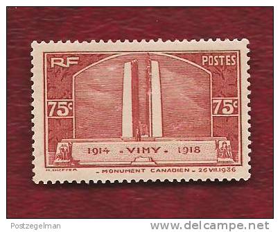 France 1936 Mint Hinged Stamp(s) Canadian War Memorial 75 Cent Nr. 322 - Ungebraucht