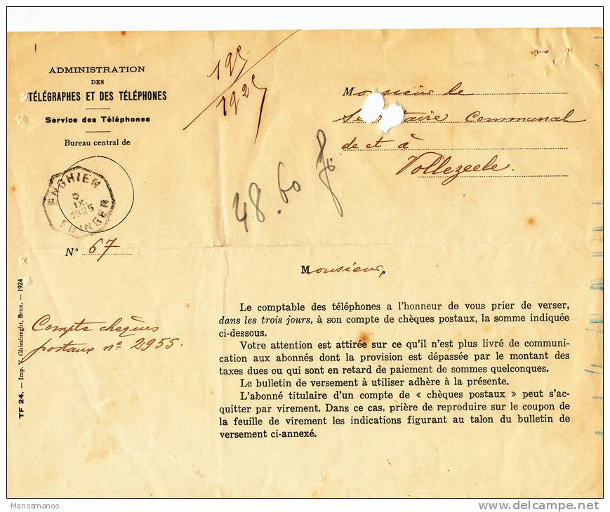 211/19 - Document Du Service Des Téléphones Cachet Télégraphique ENGHIEN 1925 Vers VOLLEZEELE  + Récépissé - Telekommunikation [TE]