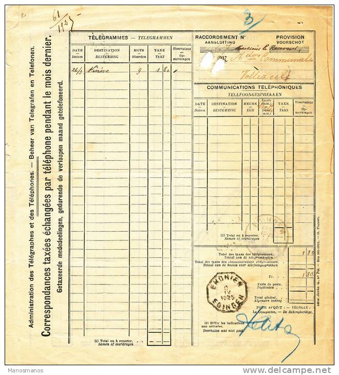 213/19 - Document Relevé Du Service Des Téléphones Cachet Télégraphique Et Postal ENGHIEN 1925 Vers VOLLEZEELE - Telephone [TE]
