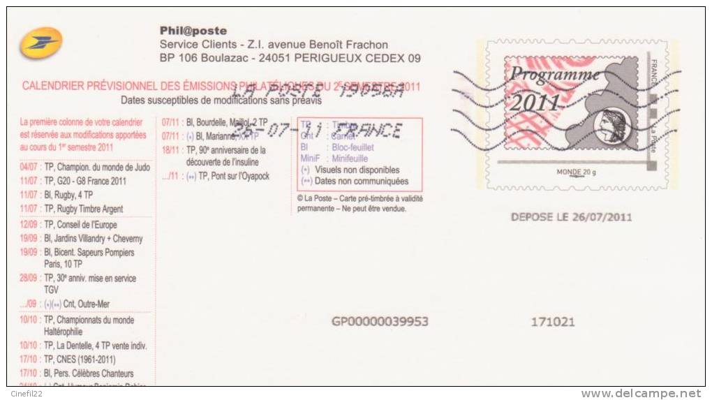 France, Pseudo-entier Postal Philaposte, Programme 2011 - Pseudo-officiële  Postwaardestukken