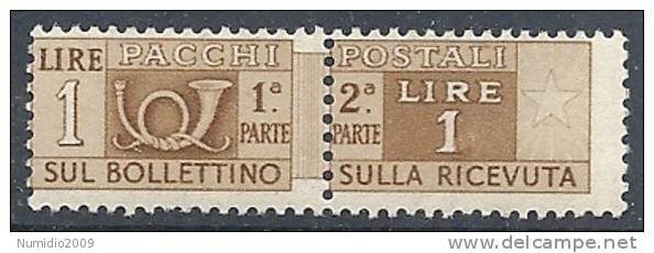 1946-51 ITALIA PACCHI POSTALI RUOTA 1 LIRA MNH **  - RR10312-3 - Postal Parcels