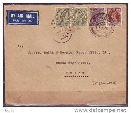 INDIA - AIRMAIL LETTER - BOMBAY Zo SUSAK Yugoslavia  Via ATHENA + Railv Postmarks - 1938 - 1936-47 Koning George VI