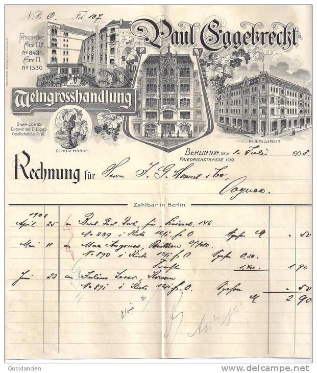 Entête  1908  -  BERLIN  Vers  COGNAC  -  P.  SAGGEBRECHT  Meingrosshandlung  à  J.G  MONNET - Sonstige & Ohne Zuordnung