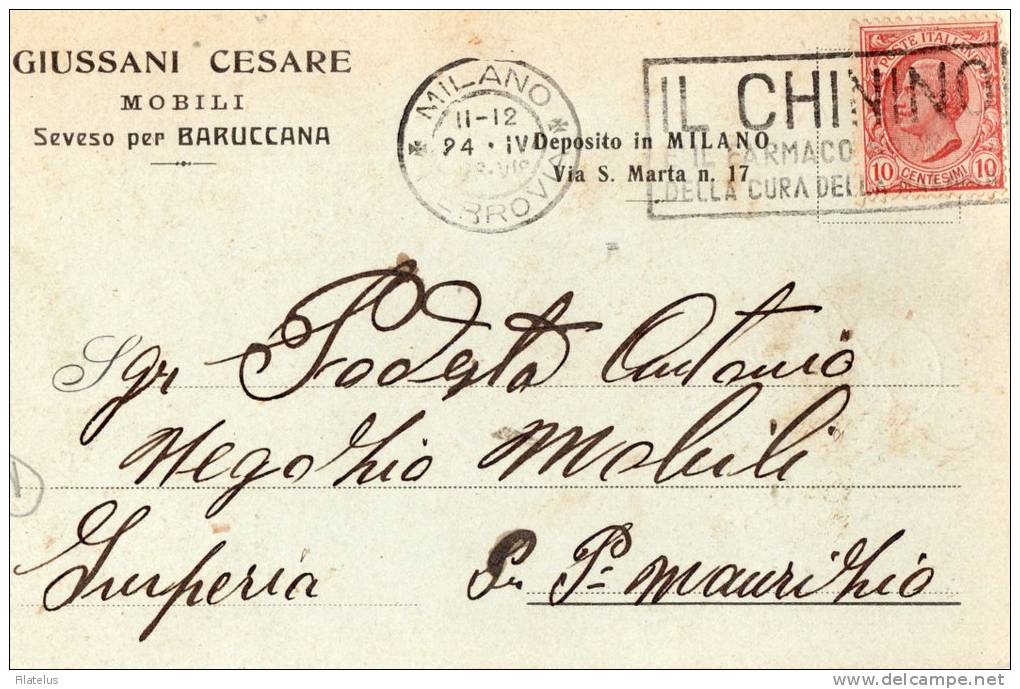 BUSTA  POSTALE  PUBBLICITARIA-DITTA GIUSSANI CESARE-MOBILI-SEVESO PER BARUCCANA-TIMBRO A TARGHETTA " IL CHININO,," - Marcophilia