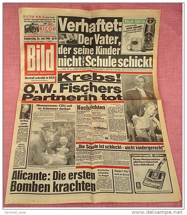 BILD-Zeitung Vom 26. Juni 1980 : O. W. Fischers Partnerin Tot - Tina Onassis Nach 3 Flaschen Champagner - Altri & Non Classificati