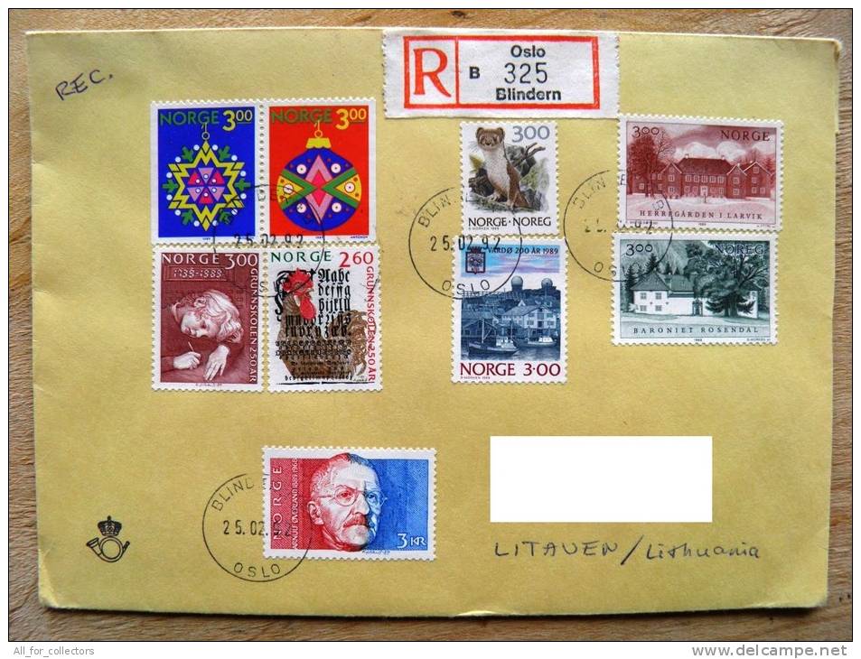 Cover Sent From Norway To Lithuania, 1992, Registered, Buildings, Animal, Boats, Vardo, Cock, Christmas, Overland - Covers & Documents