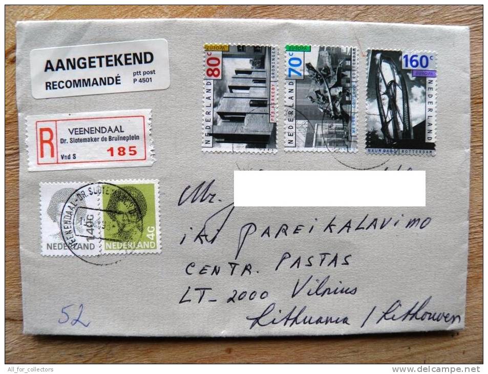 Cover Sent From Netherlands To Lithuania, 1993, Registered, Veenendaal, Europa Cept, Art - Lettres & Documents