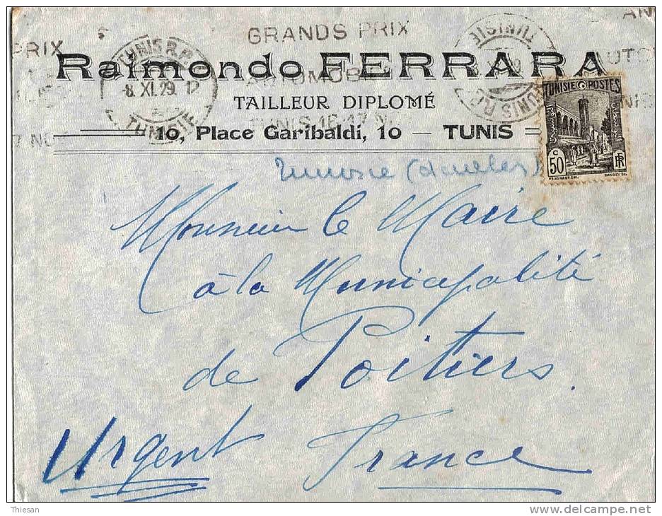 Tunisie Lettre Tunis 1929 Entête Ferrara Tailleur OMEC Automobile - Storia Postale
