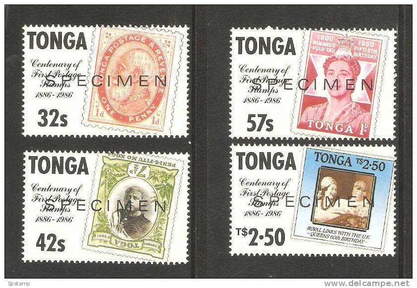 Tonga 1986 Postage Stamp Centenery Set (4) MNH Specimen Overprints  - Stamp On Stamp - Tonga (1970-...)