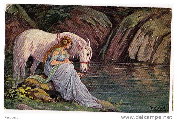 AK PFERDE FRAULEN SIGNIERT-: A. MAILICK  " DIE WALDFEE" OLD POSTCARD 1918 - Horses