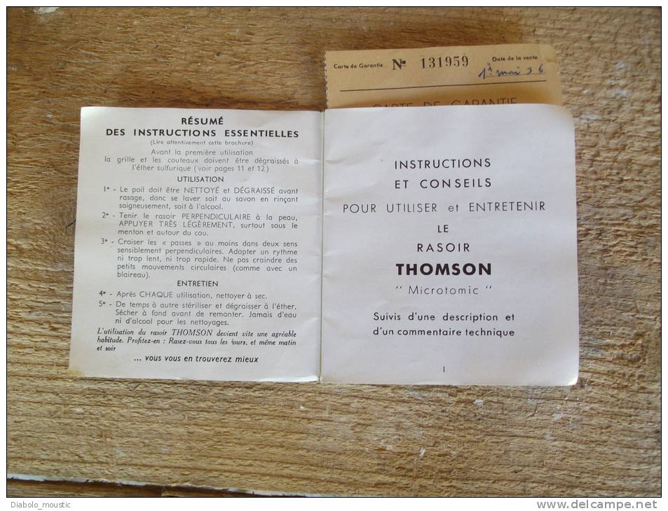 Rasoir électrique Ancien Thomson Date D'achat 1er Mai 1956 Avec Mode D'emploi Et Cordon D'alimentation - Autres & Non Classés