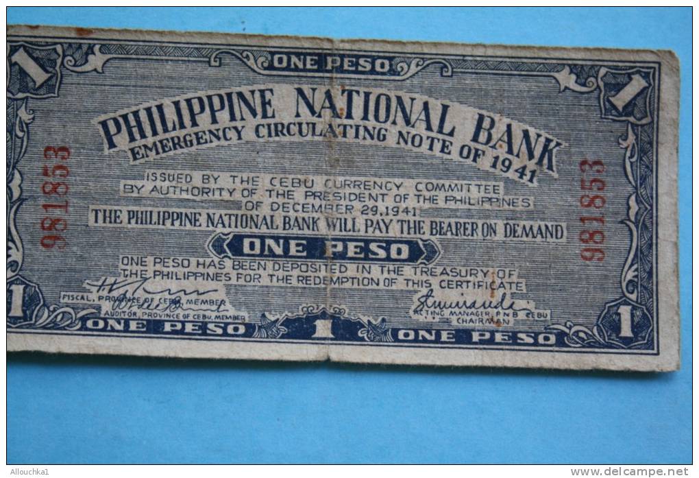 Billet De Banque Philippine National Bank (one Peso) Emergency Circulating Note Of 1941 /Issued By The Cebu Currency Com - Philippinen