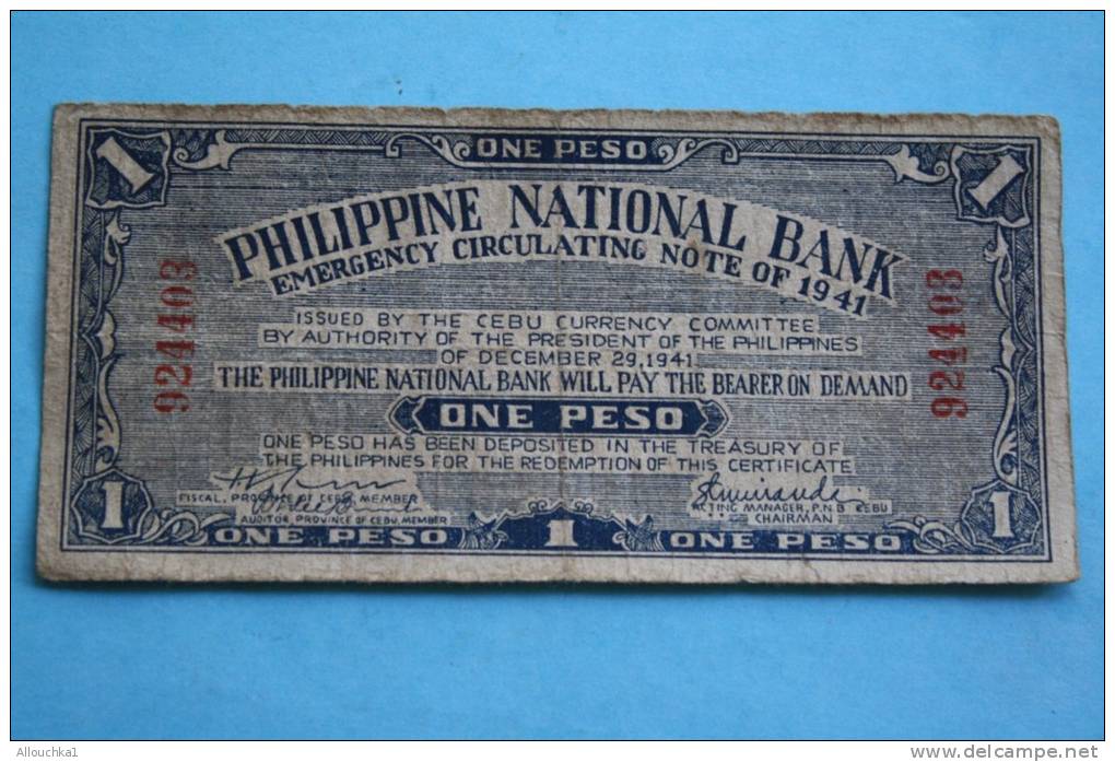 Billet De Banque Philippine National Bank (one Peso) Emergency Circulating Note Of 1941 /Issued By The Cebu Currency Com - Philippines