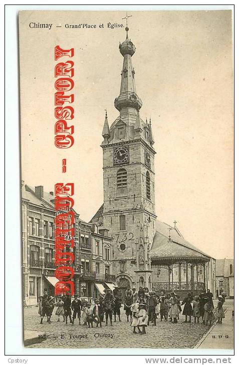 BELGIE - CHIMAY - Kiosque à Musique + Grande Place Animée Et Eglise - Cliché Précurseur 1900 - Belgium - Dos Scané - Chimay