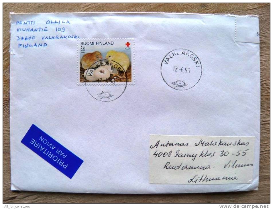 Cover Sent From Finland To Lithuania, 1996, Animals Chickens Red Cross - Covers & Documents