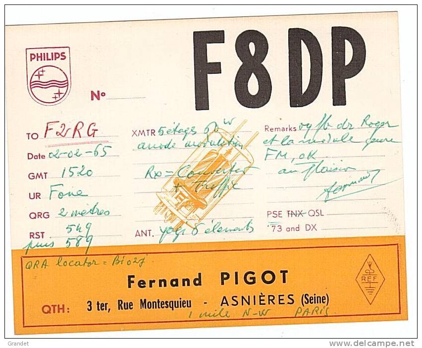 CARTE RADIO QSL - 1965 - ASNIERES. - Radio Amateur