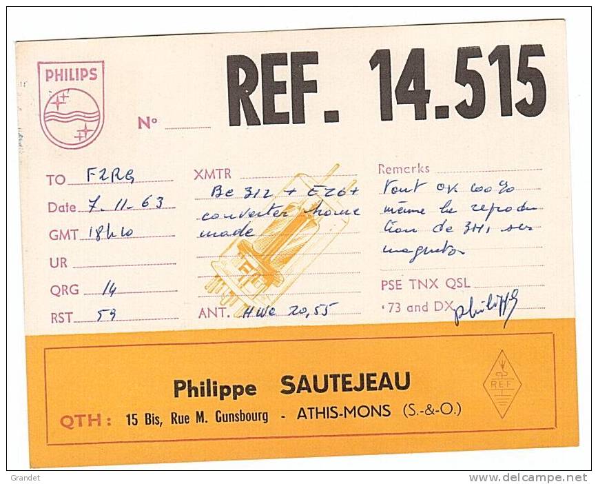 CARTE RADIO QSL - 1963 - ATHIS-MONS. 78. - Radio Amatoriale