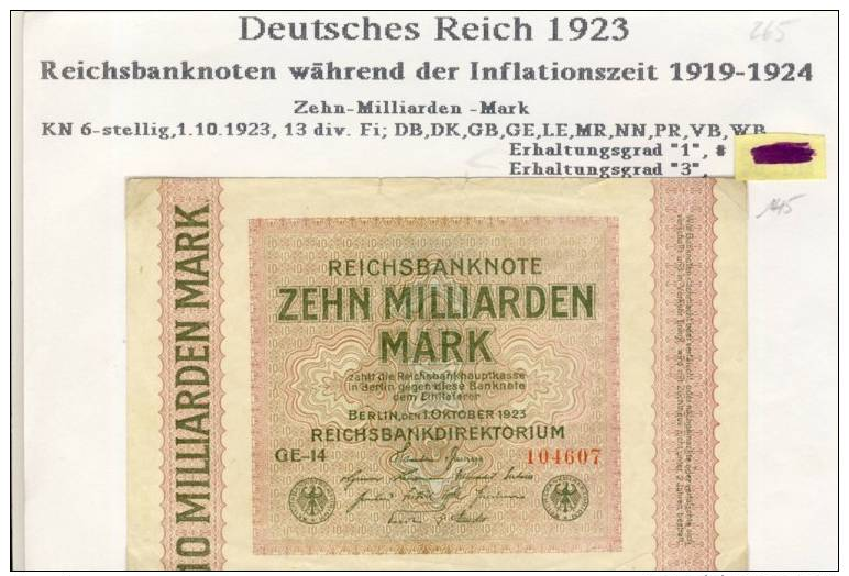 Deutsches Reich -- Reichsbanknote Während Der Inflationszeit V. 1923  10 Milliarden Mark  (265) - 10 Milliarden Mark