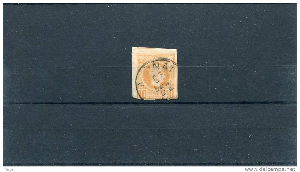 Greece-"Small Hermes" Fournier FORGERY Type II Of 1st Per.(Belgian)-10l. Pale Yellow-orange Canc. W/ Genuine Athens Pmrk - Used Stamps