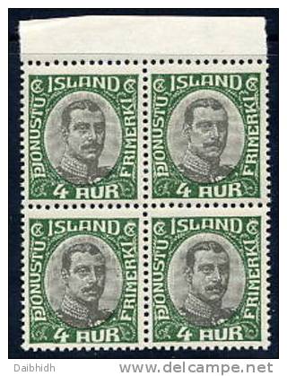 ICELAND 1920 Official 4a Block Of 4 MNH / **.  Michel Dienst 34 - Oficiales