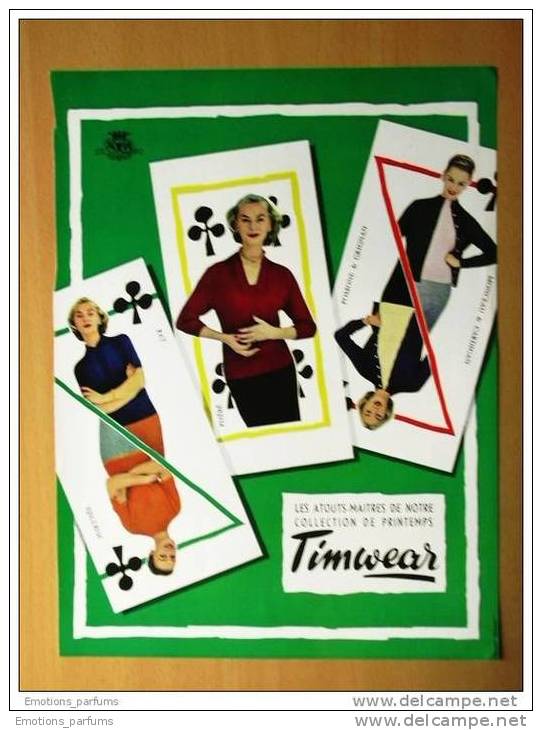Pub Papier 1956  Collection Habits Mode Carte A Jouer Trefle Dame TIMWEAR Jeu De Cartes - Publicités