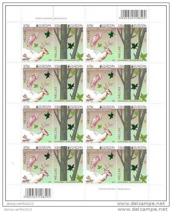 GRECIA  - EUROPA 2011 -TEMA ANUAL  " BOSQUES".-  SERIE De 2 V. En HOJA BLOQUE De 8 SERIES - DENTADO (PERFORATED - 2011