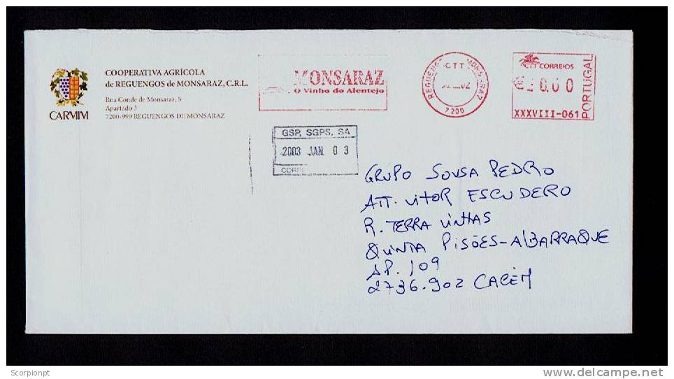 Portugal EMA Illustrated Cover Postmark Reguengos De MONSARAZ 2002 Vin Alentejo´ Wine Vines Alcools Boissons Drinks 1995 - Vinos Y Alcoholes