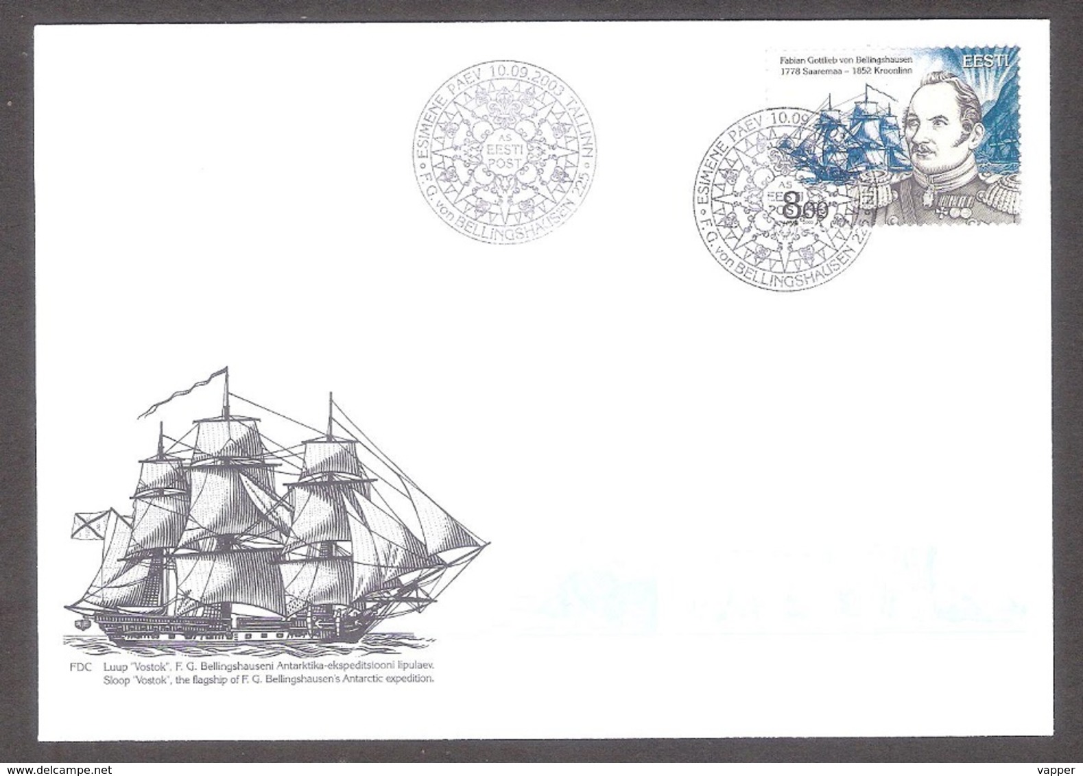 Polar Ships Estonia 2003 Stamp FDC Bellingshausen (discoverer Of The Antarctic), 225th Anniversary Of Birth  Mi 469 - Explorateurs & Célébrités Polaires