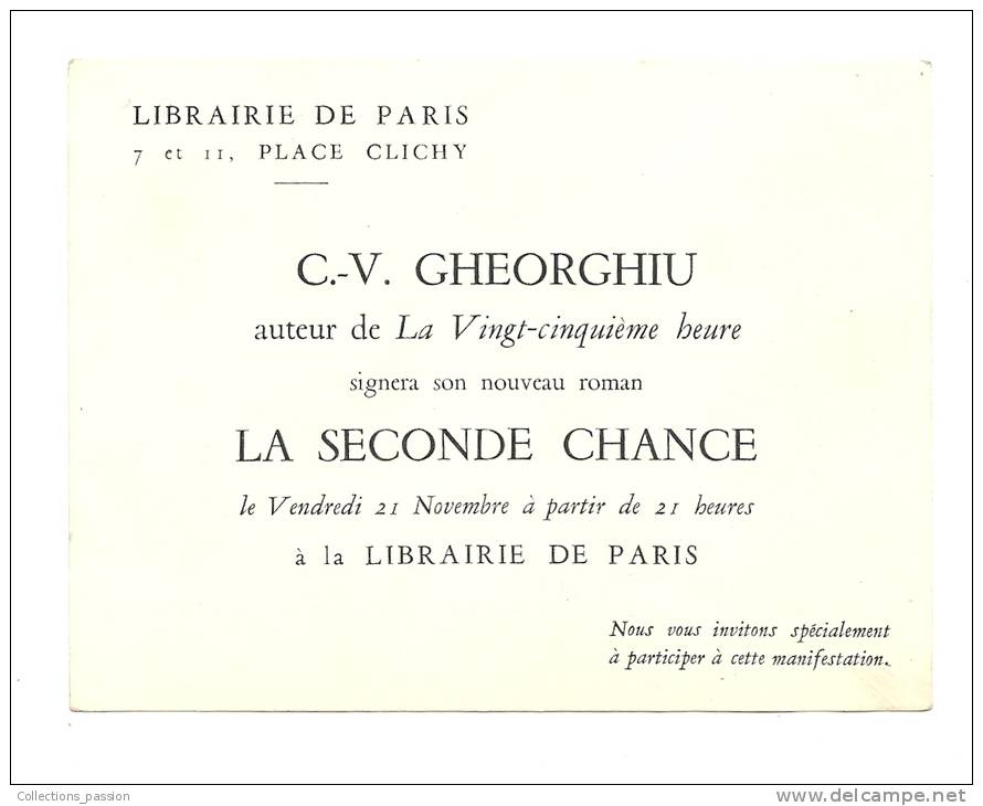 Publicité, Librairie De Paris, C.V. Gheorghiu Signera Son Nouveau Roman "La Seconde Chance" - 21 Novembre - Autres & Non Classés
