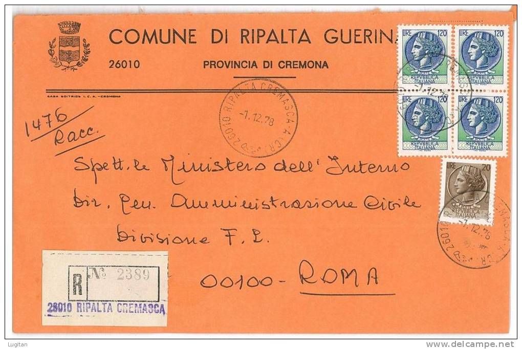 RIPALTA GUERINA CAP 26010  CREMONA  ANNO - 1978  - R - LOMBARDIA  -TEMATICA COMUNI D'ITALIA - STORIA POSTALE - Macchine Per Obliterare (EMA)