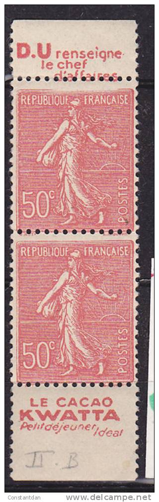 FRANCE N° 199e AVEC PUB 50C ROUGE TYPE SEMEUSE LIGNEE TYPE IIB CADRE SUPERIEUR ENTAME NEUF SANS CHARNIERE - Unused Stamps