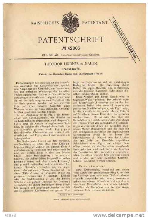 Original Patentschrift - T. Lindner In Nauen , 1887 , Schaufel Für Grab , Bestatter , Beerdigung , Beisetzung !!! - Nauen