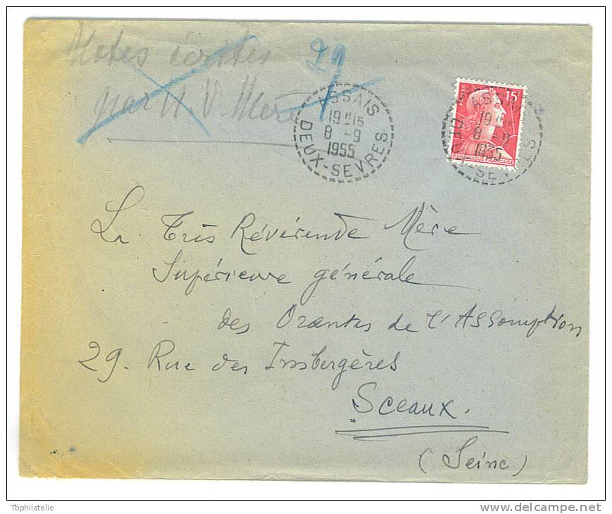 VEND TIMBRE N° 1011 SUR LETTRE , 8 SEPTEMBRE 1955 , ASSAIS ( DEUX SEVRES ) !!!! - 1955-1961 Marianne Of Muller