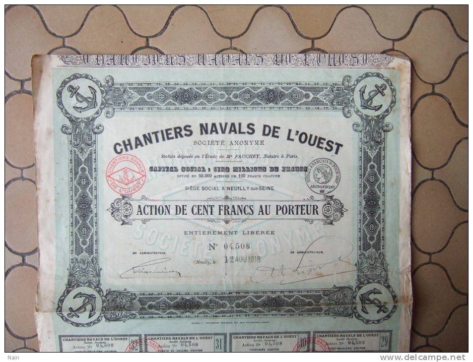 CHANTIERS NAVALS DE L'OUEST - ACTION DE CENT FRANC AU PORTEUR - - Navigazione