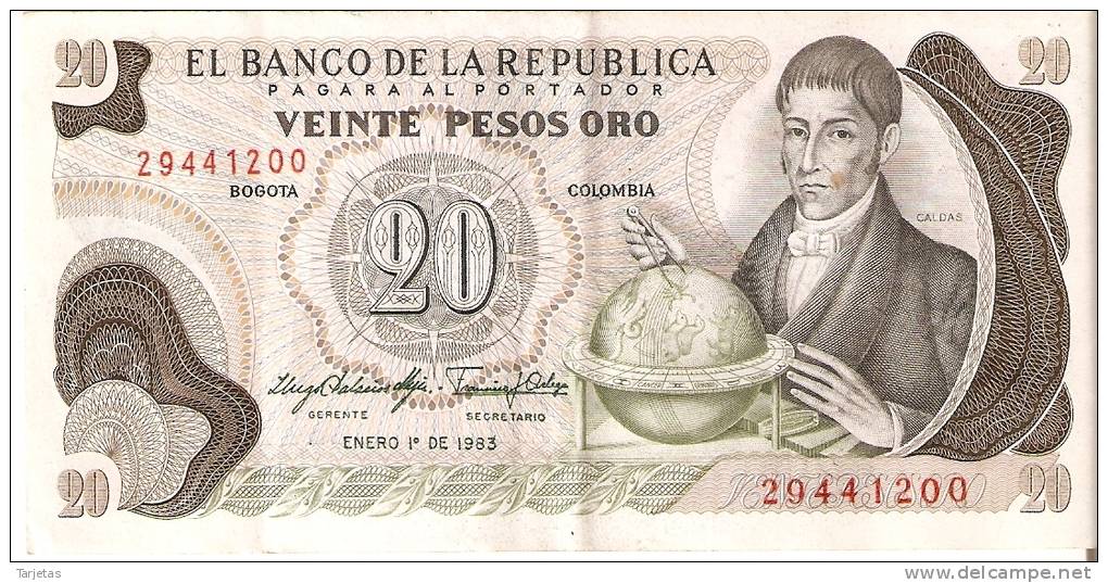 BILLETE DE COLOMBIA DE 20 PESOS DE ORO DEL AÑO 1983  (BANK NOTE) - Colombia